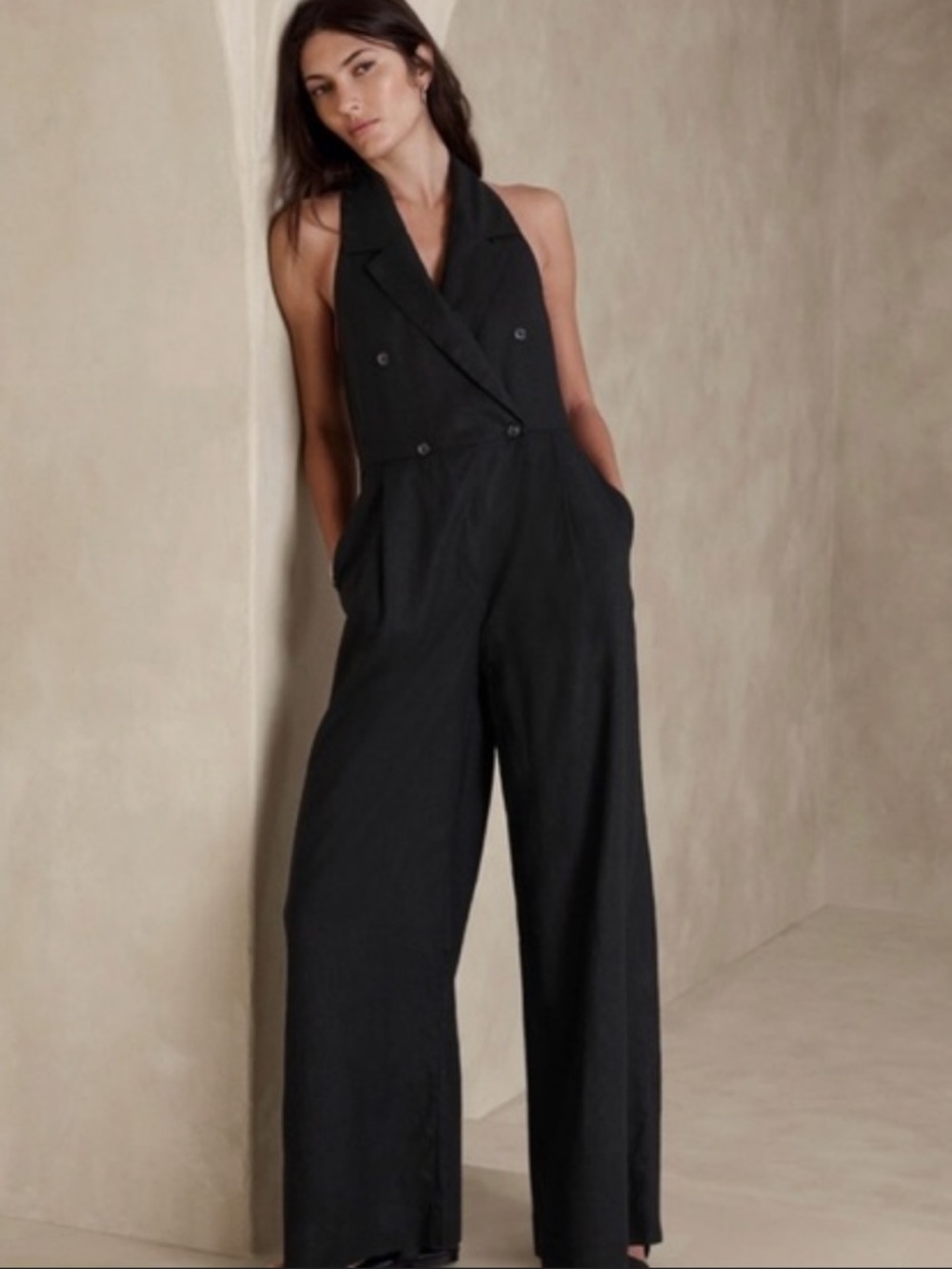 Banana Republic Sleeveless Double-Breasted Wide-Leg Linen Jumpsuit - Black 6P